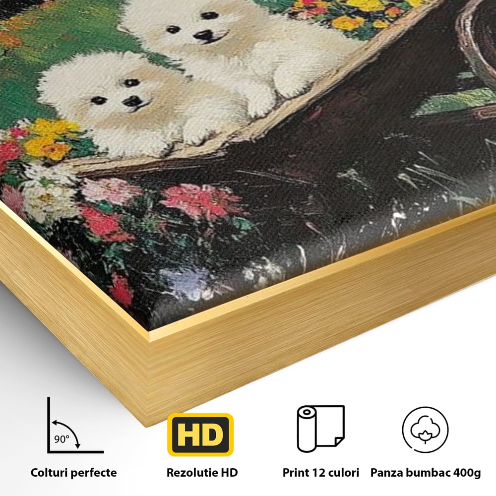 Detaliu al suprafetei: tablou canvas cu catelusi intr-o roaba, in rama de aluminiu auriu